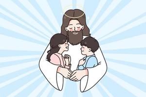 Gesù Cristo abbraccio coccolare piccolo bambini dare amore e cura. attento padre signore abbraccio poco bambini Condividere bene emozioni e aiuto. fede e religione concetto. piatto vettore illustrazione.