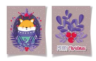 Merry Christmas card set con volpe e bacche di agrifoglio vettore