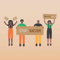 questioni di vita nera fermare il razzismo quattro uomini e donne di colore con segni vettore