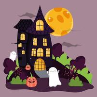 felice immagine di halloween con casa stregata e fantasma vettore