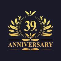 Design del 39 ° anniversario, lussuoso logo dell'anniversario di 39 anni di colore dorato. vettore