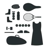 piatto vettore silhouette illustrazione. mano disegnato tennis Ingranaggio e attrezzatura, racchetta, palle.