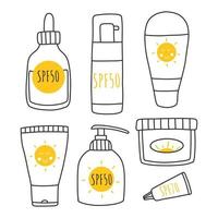 impostato di creme solari, lozioni con spf. protezione solare protezione e sole sicurezza. crema solare, lozione con spf. protezione solare lozione isolato. mano disegnato vettore illustrazione. scarabocchio stile.