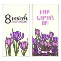 8 marzo primavera set di carte con crocus disegnati a mano, scritte alla moda fatte a mano happy womens day. banner, flyer, brochure. sfondo per vacanze, cartoline, sito web. vettore