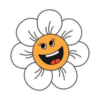 retrò 70s Groovy sorridente margherita fiore carattere. molla, estate fiore. cartone animato hippie isolato vettore illustrazione