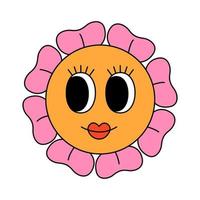 retrò 70s Groovy sorridente fiore personaggio con grande occhi. molla, estate fiore. cartone animato hippie isolato vettore illustrazione
