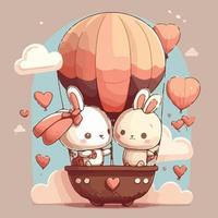 carino kawaii coniglietto coppia equitazione aria Palloncino celebrare San Valentino giorno con amore vettore