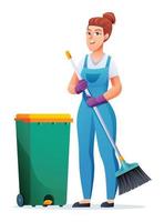 allegro pulizia donna con scopa e spazzatura Potere. femmina bidello cartone animato personaggio vettore