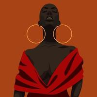 ritratto di un' bellissimo africano donna nel moderno Abiti e gioielleria. un' donna sembra a voi nel moderno Aperto Abiti di rosso colore su un arancia sfondo. bellissimo femmina figura. vettore illustrazione.