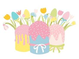 Pasqua torte e primavera fiori mazzo saluto carta. contento Pasqua carta. vettore azione illustrazione. cartone animato stile vettore torte e fiori. campana fiore, tulipano, margherita.