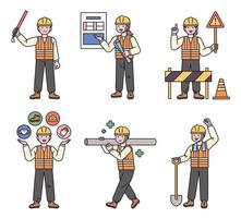 costruzione luogo lavoratori spiegando sicurezza regole. essi siamo Lavorando con attrezzatura. icone e gesti.