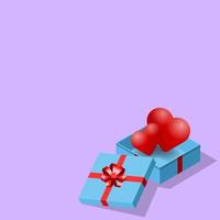 cuori 3d isometrici in una confezione regalo blu, un bel regalo per il tema di San Valentino su sfondo viola vettore