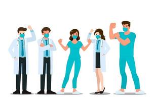 serie di pose di personaggi medici che indossano maschera facciale e camice da laboratorio, in piedi e tifando insieme per combattere e vincere covid-19 o malattia da coronavirus. vettore