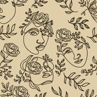 una linea disegnata fiore faccia seamless pattern vettore