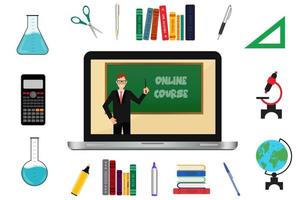 istruzione scolastica online con laptop e elementi scolastici vettore