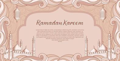 Ramadan Kareem con la moschea islamica disegnata a mano e il fondo dell'illustrazione della lanterna vettore