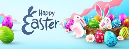 Pasqua manifesto e bandiera modello con carino coniglietto e Pasqua uova nel il nido. saluti e regali per Pasqua giorno .promozione e shopping modello per Pasqua vettore
