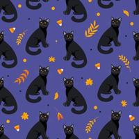 Halloween senza soluzione di continuità modello nero gatto, autunno foglie, erbe aromatiche e caramella nel arancia toni buio viola sfondo. luminosa illustrazione cartone animato stile. per sfondo, stampa su tessuto, avvolgere, sfondo. vettore