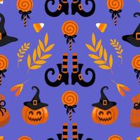 Halloween luminosa senza soluzione di continuità vettore modello. zucca jack-o-lantern, strega cappello, a strisce calze autoreggenti, scarpe, lecca-lecca, i regali, autunno le foglie. per asilo, sfondo, stampa su tessuto, avvolgere, sfondo.