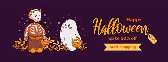 contento Halloween saldi. orizzontale vettore bandiera nel cartone animato stile. carino scheletro e bambino fantasma nel cartone animato stile. Vintage ▾ font. per pubblicità modello, sito web, manifesto, vendita volantino.