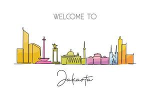 unico disegno a linea continua dell'orizzonte della città di jakarta, indonesia. famoso paesaggio di raschietto della città. concetto di viaggio nel mondo decorazione della parete di casa poster stampa art. illustrazione vettoriale moderna di disegno di una linea