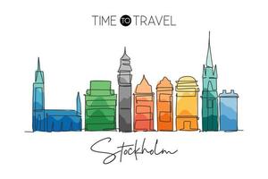 un disegno a linea singola dello skyline della città di Stoccolma, in Svezia. paesaggio storico della città nel mondo. migliore destinazione per le vacanze. tratto modificabile arte alla moda disegno a linea continua disegno vettoriale illustrazione