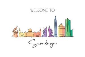 un disegno a linea singola dello skyline della città di surabaya in indonesia. città storica paesaggio decorazione della parete di casa poster stampa arte. migliore destinazione per le vacanze. illustrazione vettoriale di disegno di linea continua alla moda