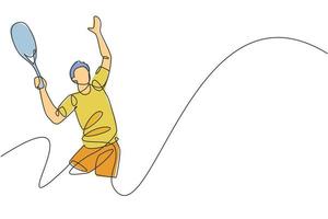 un disegno a linea continua di un giovane giocatore di tennis maschio felice che serve la palla. concetto di sport competitivo. illustrazione grafica vettoriale dinamica con disegno a linea singola per poster di promozione del torneo