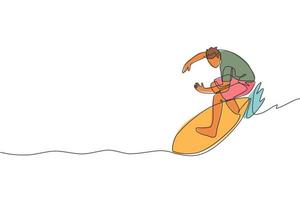 singola linea continua che disegna giovane surfista professionista in azione cavalcando le onde sull'oceano blu. concetto di sport acquatici estremi. vacanze estive. illustrazione grafica vettoriale di disegno di una linea alla moda