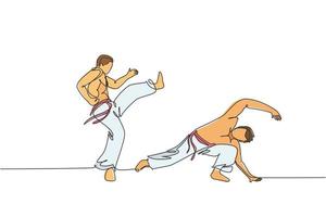 un unico disegno a linea continua di due giovani uomini sportivi praticano la danza brasiliana di capoeira in una strada all'aperto. concetto di sport di arte marziale di cultura. illustrazione vettoriale di disegno di una linea alla moda