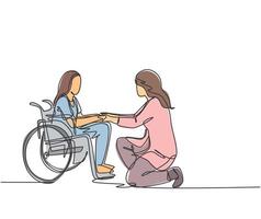 un disegno a tratteggio del giovane medico che visita e stringe la mano al vecchio paziente con sedia a rotelle in ospedale. concetto di servizio sanitario. illustrazione vettoriale di disegno a linea continua