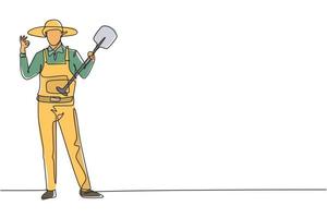un agricoltore maschio che disegna una linea continua in piedi con un gesto va bene, indossando un cappello di paglia e portando una pala per piantare colture su terreni agricoli. affari di successo. illustrazione grafica vettoriale di disegno di disegno a linea singola