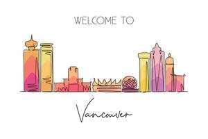 singolo disegno a linea continua skyline della città di vancouver, canada. famosa cartolina del paesaggio del raschietto della città. concetto di destinazione di viaggio nel mondo. tratto modificabile moderno disegno di una linea illustrazione vettoriale