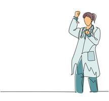 un unico disegno a tratteggio di giovane dottoressa felice pugno le mani in aria per celebrare il suo successo trattare il paziente. concetto di assistenza sanitaria medica linea continua disegnare disegno vettoriale illustrazione