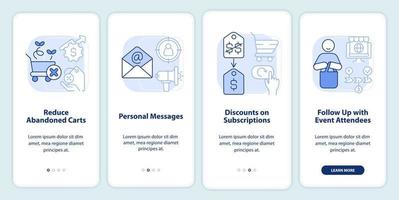 strategia di sconto leggero blu onboarding mobile App schermo. attività commerciale Procedura dettagliata 4 passaggi modificabile grafico Istruzioni con lineare concetti. ui, ux, gui modello vettore