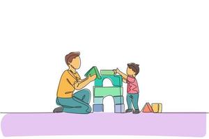 un disegno a tratteggio continuo di un giovane papà felice che gioca con il figlio che costruisce una casa da un giocattolo a blocchi di schiuma a casa. concetto di genitorialità del tempo della famiglia. illustrazione vettoriale di disegno dinamico a linea singola