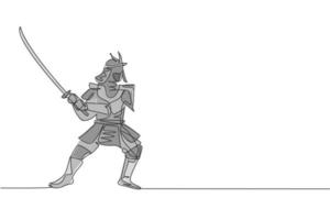 disegno a linea continua singola di un giovane e forte shogun samurai che indossa l'uniforme tradizionale che tiene la spada al festival. antico concetto di soldato combattente. illustrazione vettoriale di disegno di una linea alla moda