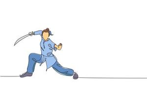 un disegno a linea singola di una giovane donna sull'esercizio del kimono arte marziale wushu, tecnica di kung fu con spada sull'illustrazione vettoriale del centro della palestra. concetto di sport da combattimento. moderno disegno a linea continua