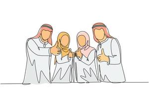 un unico disegno a tratteggio di giovani uomini d'affari musulmani felici si allineano ordinatamente e danno il pollice in alto. shmag di stoffa dell'arabia saudita, kandora, foulard, ghutra. illustrazione vettoriale di disegno di disegno di linea continua