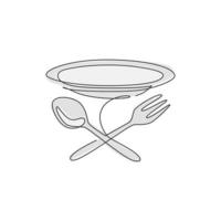 piatto, forchetta e cucchiaio stilizzati con disegno a linea continua singola per etichetta con logo cafe. emblema elegante concetto di ristorante. illustrazione grafica vettoriale moderna con disegno a una linea per il servizio di consegna cibo
