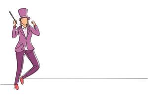 disegno continuo di una linea maga femminile in piedi con gesto celebrativo che indossa un cappello e tiene in mano una bacchetta magica che esegue trucchi allo spettacolo circense. illustrazione grafica vettoriale di disegno di disegno a linea singola