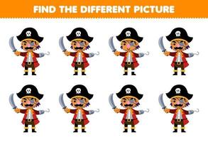 formazione scolastica gioco per bambini trova il diverso immagine di carino cartone animato Capitano personaggio stampabile pirata foglio di lavoro vettore