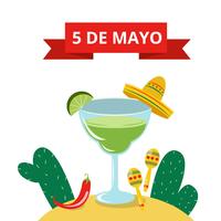 Bevanda Margarita carino con cappello messicano, cactus, maracas e rosso jalapeno vettore