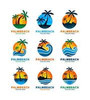 collezione di spiaggia logo design. acqua oceano onde con sole, palma albero e spiaggia, logo vettore