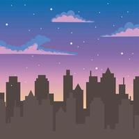 cartone animato cielo al tramonto con silhouette di edifici della città urbana vettore