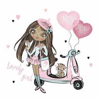 una ragazza adolescente carina dalla pelle scura con un berretto rosa sta accanto al suo scooter con palloncini a cuore. carte di San Valentino. vettore.
