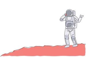 un singolo disegno a tratteggio del cosmonauta effettua una chiamata al partner utilizzando lo smartphone nell'illustrazione vettoriale della superficie lunare. ufficio affari astronauta con il concetto di spazio esterno. design moderno a linea continua