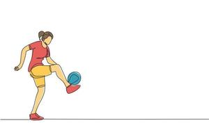 un disegno a linea continua di una giovane donna sportiva, giocatore di freestyler di calcio, pratica la giocoleria con la palla in strada. concetto di sport di calcio freestyle. illustrazione vettoriale dinamica del disegno a linea singola