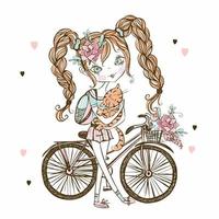 ragazza teenager fashionista carina con gatto, bicicletta. la mia vita. vettore. vettore