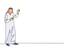 un unico disegno a tratteggio di un giovane uomo d'affari musulmano felice che dà le mani del gesto di presentazione. shmag di stoffa dell'arabia saudita, kandora, foulard, thobe. illustrazione vettoriale di disegno di disegno di linea continua